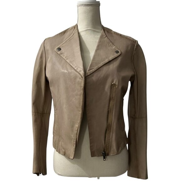 Muubaa London Tan Leather Edgy Minimalist Sleek Streetwear Moto Jacket Size 4 - Picture 5 of 13